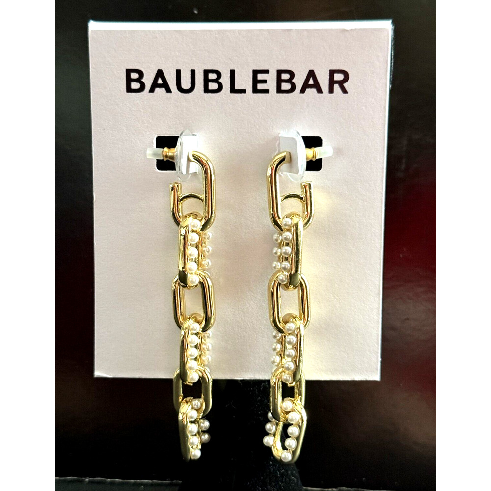 BaubleBar Oval Gleaming Chain Link Drop Pearl Gold Tone Earrings Jewelry NEW